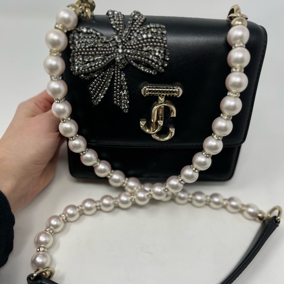Jimmy Choo Varenne Quad XS Avenue Box Leather Bag Black Pearl Strap Mini - Picture 8 of 12